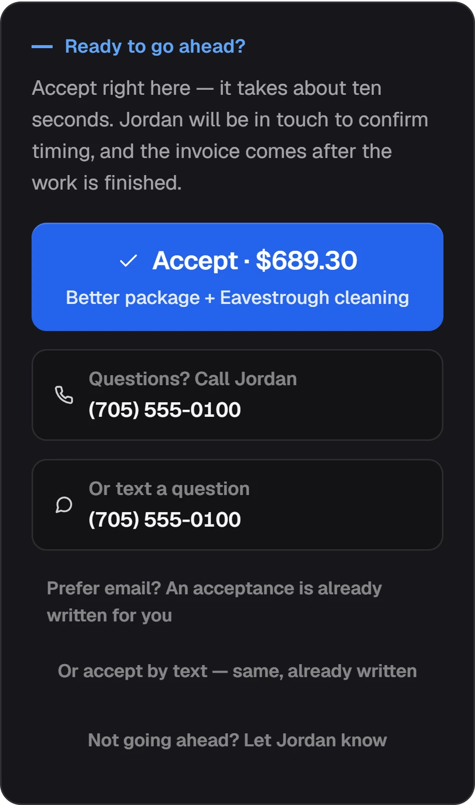 'Ready to go ahead?' with a button to accept quote #1006 for $689.30, and buttons to call or text the business.