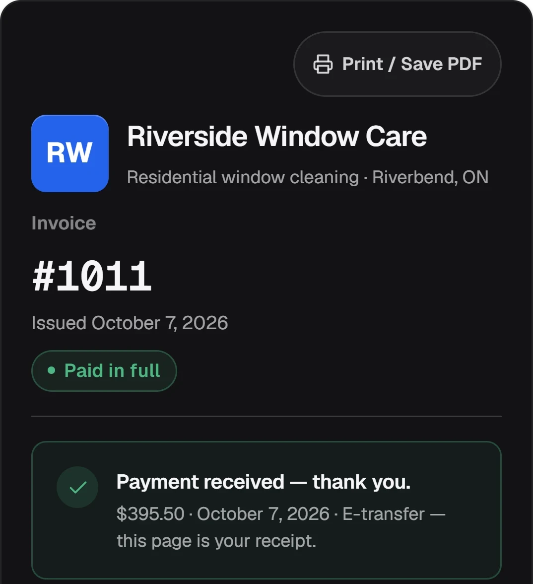 A paid invoice as the customer sees it: invoice #1011, 'Paid in full', and 'Payment received — thank you. $395.50 by e-transfer — this page is your receipt.'