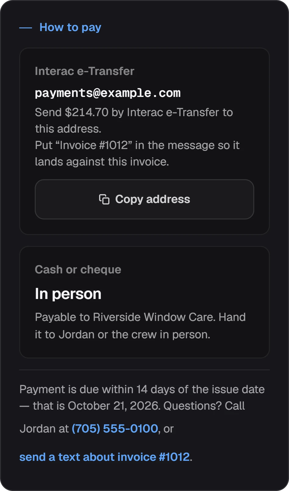 How to pay, on an unpaid invoice: Interac e-Transfer to the business's address with a Copy address button, or cash or cheque in person.