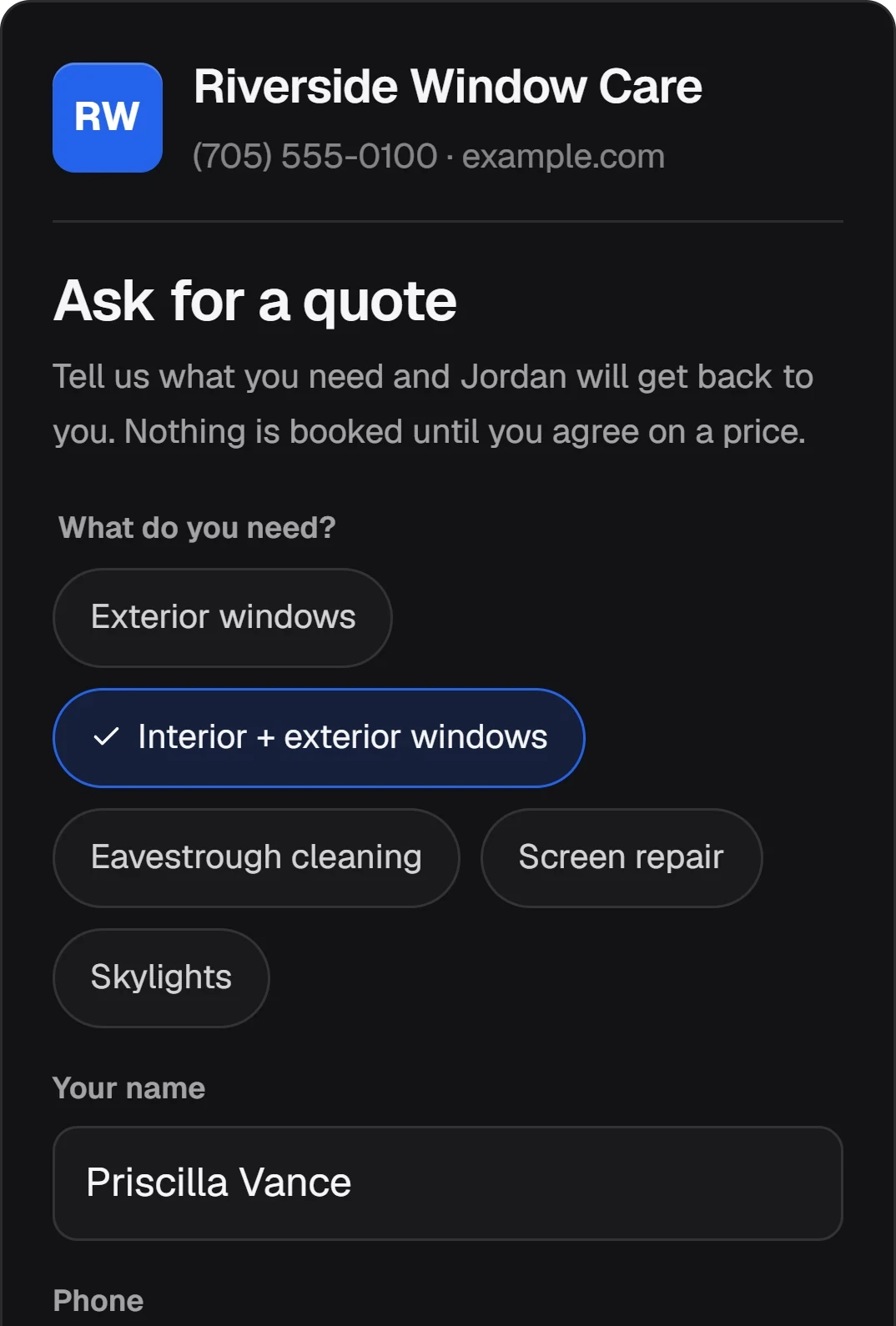 A business's request form on a phone: its monogram and name, 'Ask for a quote', the services it offers with Interior + exterior windows picked, and the customer's name filled in.