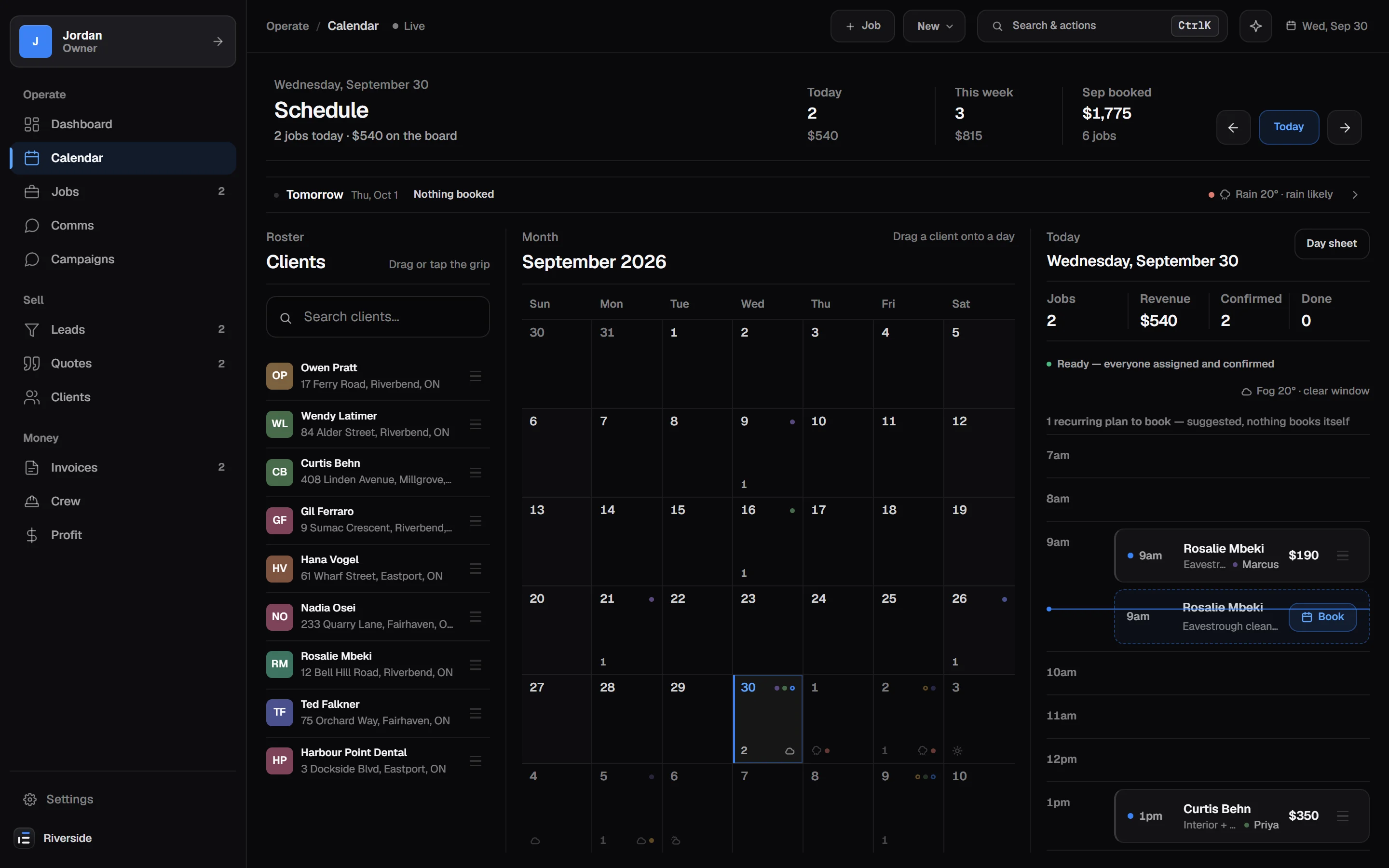 The calendar: a client list to drag from, the month with job dots and weather icons, and today's timeline with two booked jobs.