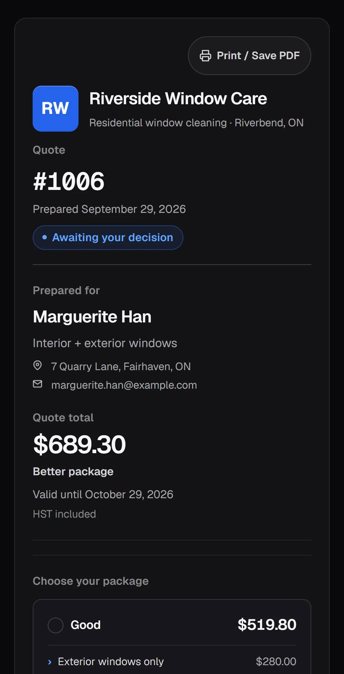 A customer's quote page on a phone: the business's name at the top, quote #1006, a total of $689.30 and 'Awaiting your decision'.