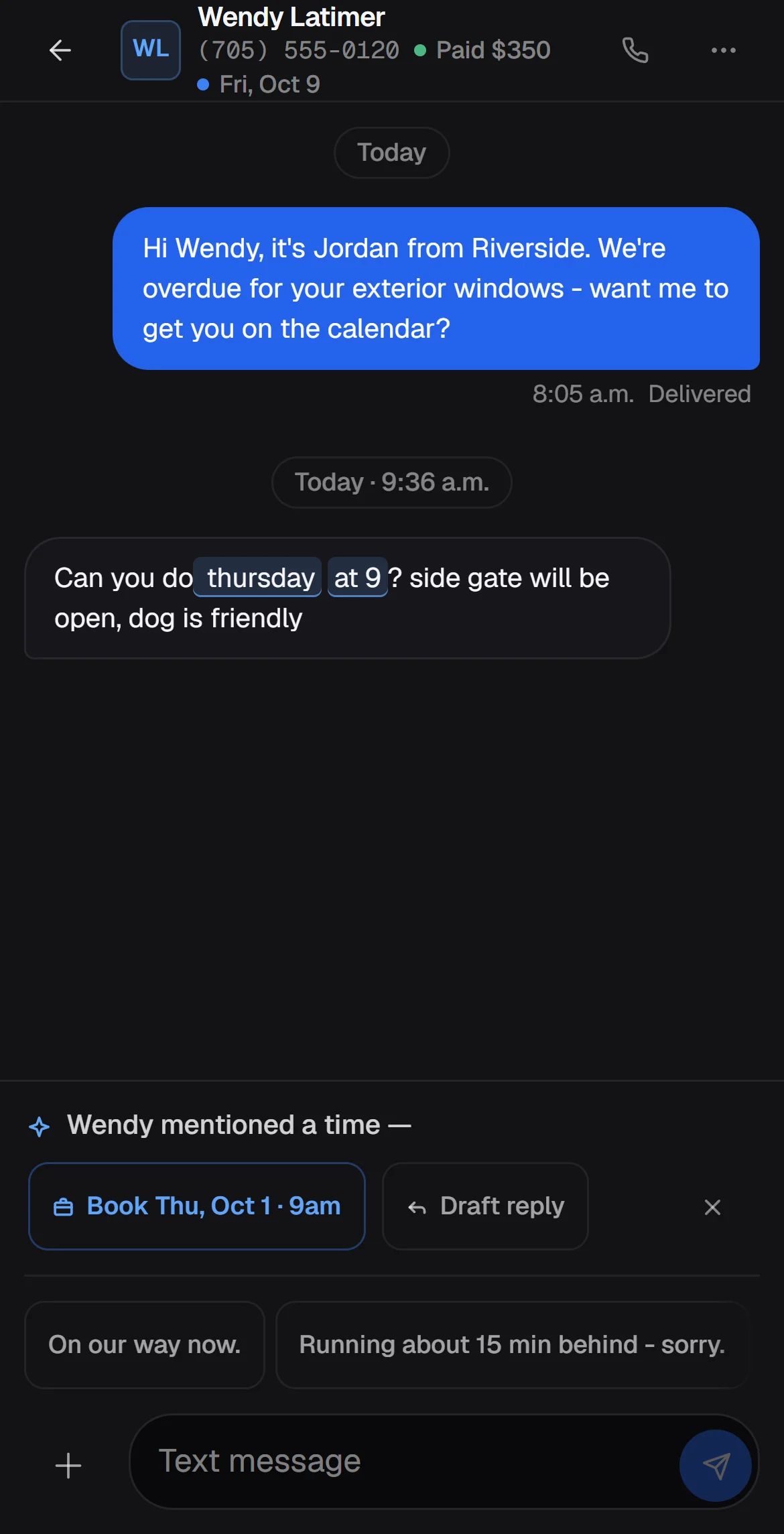 Preview of a text thread in CrewDocket: the customer asks 'Can you do thursday at 9?' and a button offers to book Thursday at 9am.